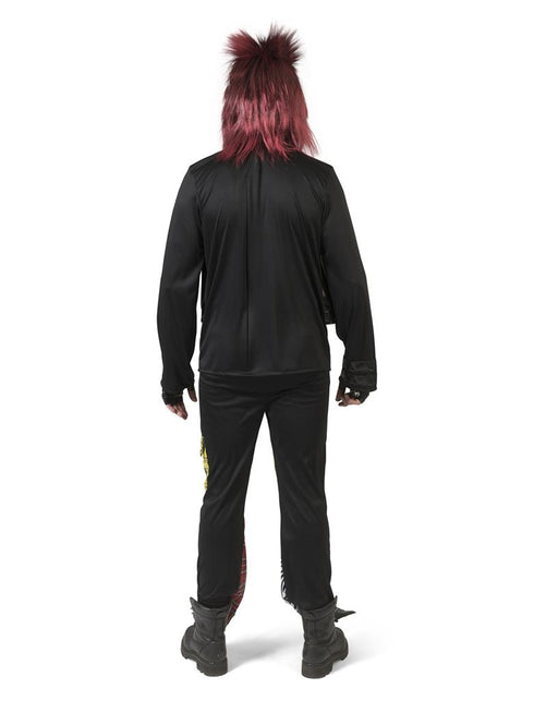 Achterzijde van het rocker pak Patrick met effen zwarte jas en zwarte broek