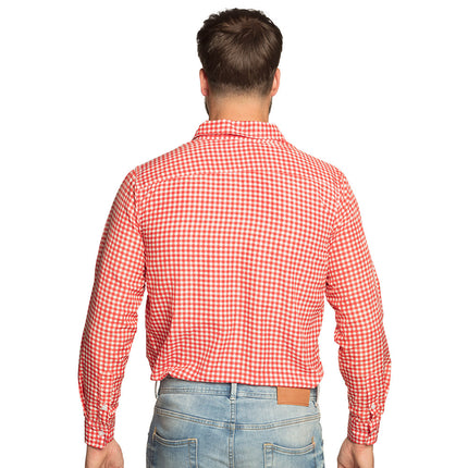 Achterzijde van het rood-wit geruite Tiroler shirt met lange mouwen en manchetten