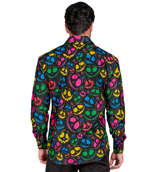 Achterzijde van het shirt grappige geesten met doorlopende geestengezichten in geel, roze en blauw