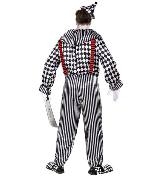 Achterzijde van het vintage clownspak met doorlopende bretels over de rug en gestreepte broek
