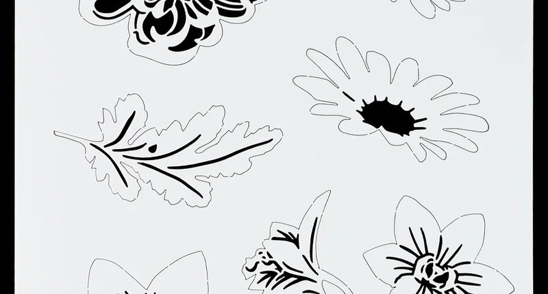 Airbrush sjabloon bloemen maat S met chrysant, margrieten, blad en knoppen in wit kunststof