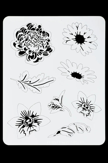 Airbrush sjabloon bloemen maat S met chrysant, margrieten, blad en knoppen in wit kunststof