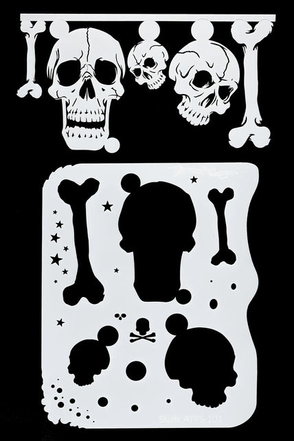 Airbrush sjabloon doodshoofden en botten TattooPro Skulls, wit vel met drie schedels, sterren en spatjes
