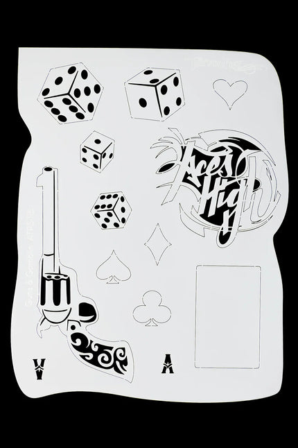 Airbrush sjabloon Guns en Gamblin met revolver, dobbelstenen en kaartsymbolen voor casinotattoos