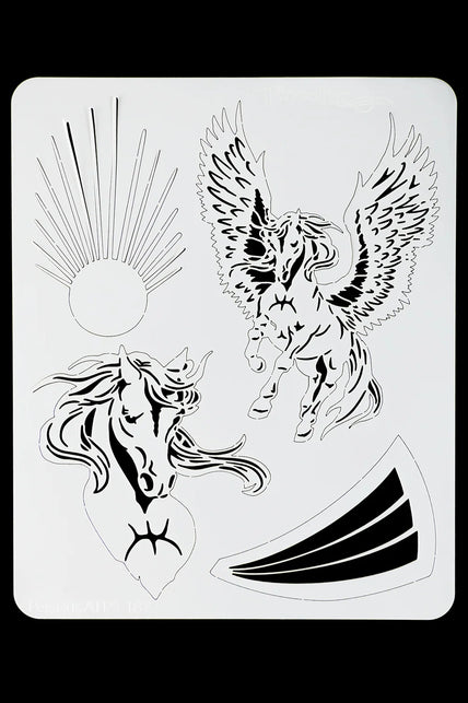 Airbrush sjabloon pegasus van TattooPro met paardenhoofd, zon en vleugelmotief in wit kunststof