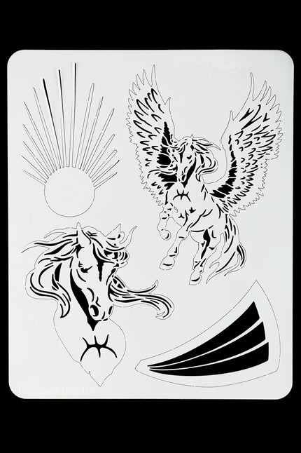 Airbrush sjabloon pegasus van TattooPro met paardenhoofd, zon en vleugelmotief in wit kunststof