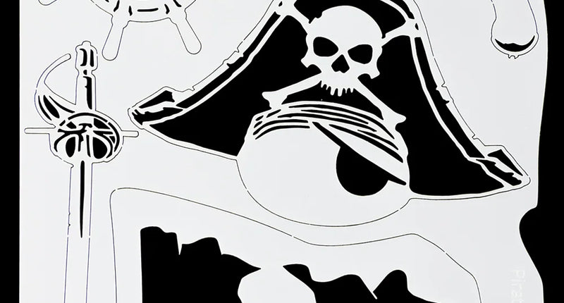 Airbrush sjabloon piraten met doodskop op steek, piratenvlag, scheepsroer, sabel en pistool