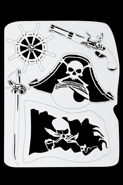 Airbrush sjabloon piraten met doodskop op steek, piratenvlag, scheepsroer, sabel en pistool