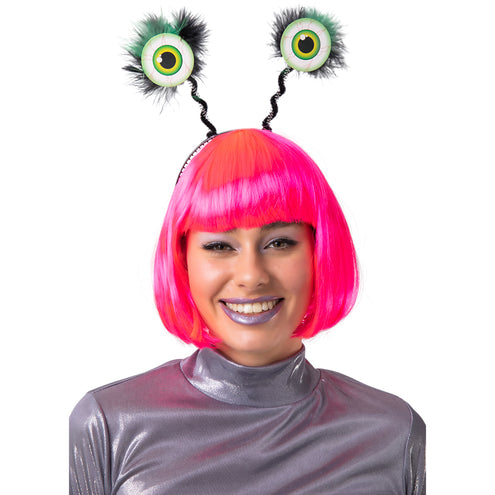 Alien haarband met groene oogbollen op veertjes, gedragen met roze pruik, voor Halloween