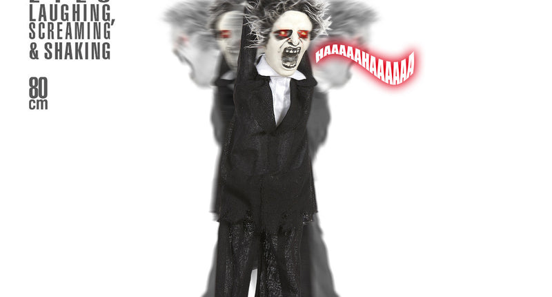 Animatie geketend monster in zwart pak aan ketting met rood knipperende ogen en grijs haar, Halloweendecoratie van 80 cm