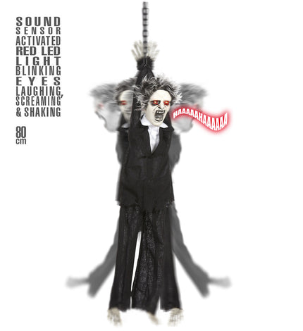 Animatie geketend monster in zwart pak aan ketting met rood knipperende ogen en grijs haar, Halloweendecoratie van 80 cm