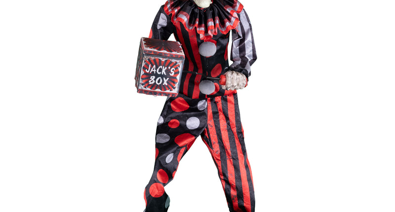 Animatronic clown Jester Jack van 175 cm met rode pruik en zwart-rood stippenpak voor Halloween