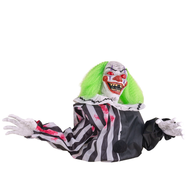Animatronic clown met uitgestrekte grijze handen en witte ruchekraag, halloweendecoratie voor op tafel