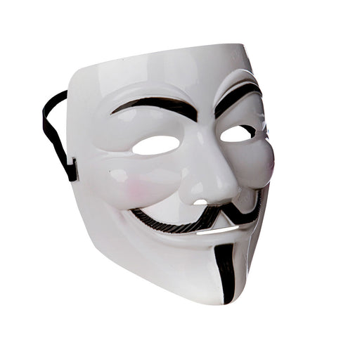 Anonymous masker wit met glanzende afwerking, zwarte snor en sik, voor Halloween of carnaval