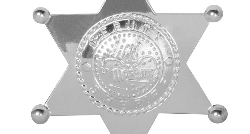 Badge Deputy sheriff als zilverkleurige zespuntige ster met bolletjes en rond reliëfembleem voor een westernfeest