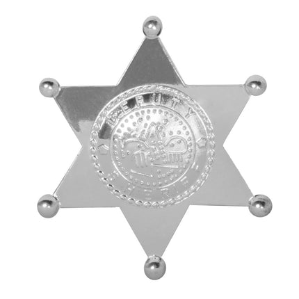 Badge Deputy sheriff als zilverkleurige zespuntige ster met bolletjes en rond reliëfembleem voor een westernfeest
