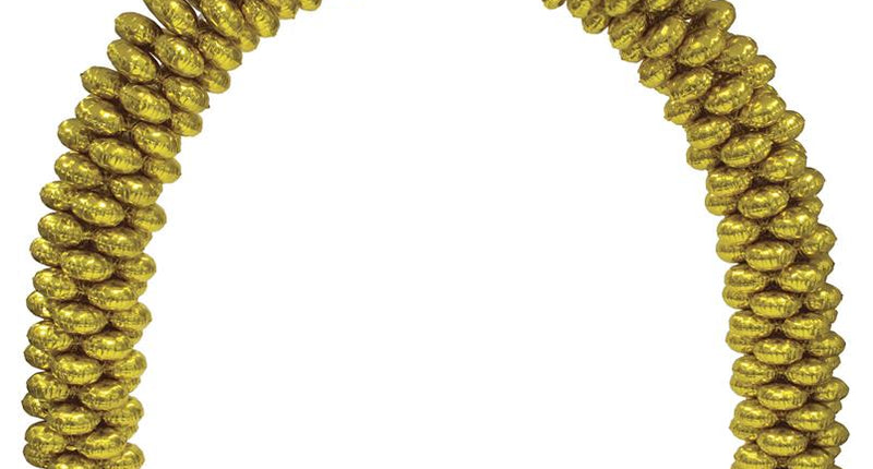Ballonboog goud van 300 x 220 cm met 70 glanzende folieballonnen op twee witte voeten