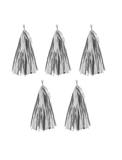 Ballonkwastjes zilver, set van 5 losse kwastjes met glanzende franje voor feestversiering