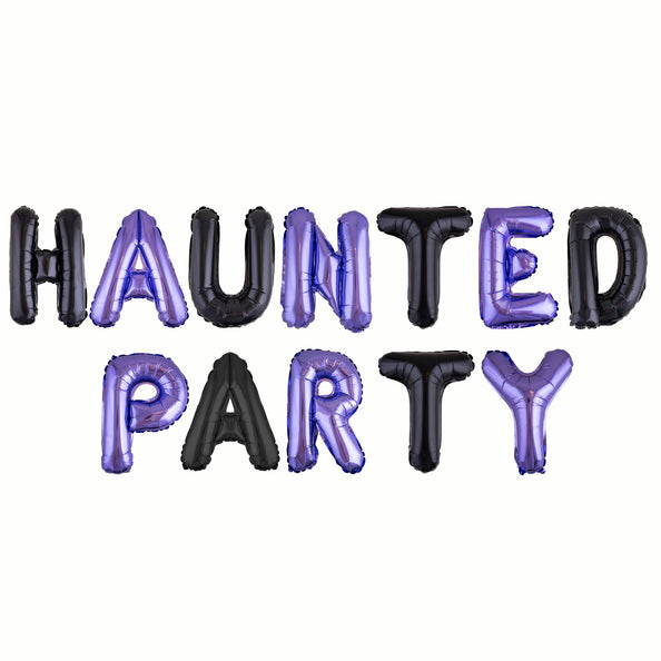 Ballonset Haunted Party met paarse en zwarte folieletters van 41 cm voor Halloween