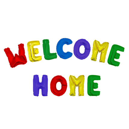 Ballonset welcome home met twaalf folieletters van 40 cm in rood, geel, groen, blauw en paars