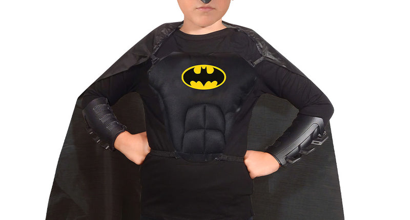 Batman set kind in zwart met halfmasker, vleermuisoren, cape en armbeschermers voor een superheldenfeest
