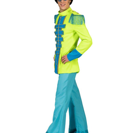 Beatles Jas in groen van opzij met staande kraag, blauwe manchetten en franje op de schouders