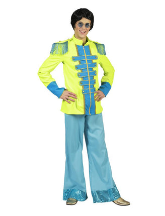 Beatles Jas in groen vooraanzicht met blauw frontpaneel, tressen en franje-epauletten voor een jaren 60-feest
