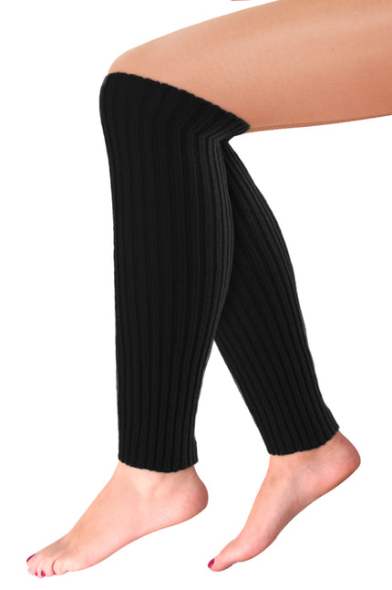 Beenwarmers basic zwart, rib gebreid en 40 cm lang, gedragen tot over de knie voor een jaren 80-feest