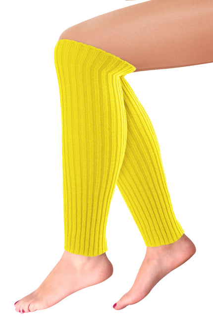 Beenwarmers neon geel geribbeld, 40 cm lang tot over de knie, voor een jaren 80-feest