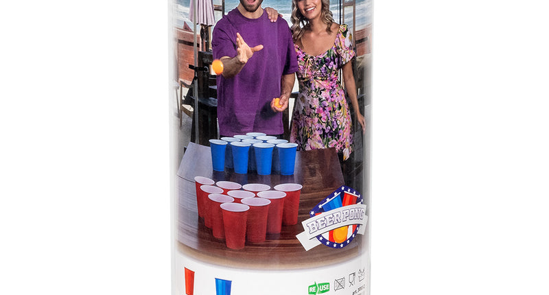 Beer pong drankspel in koker met 11 rode en 11 blauwe bekers en 4 balletjes