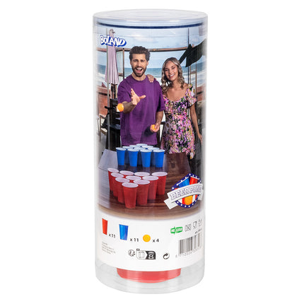 Beer pong drankspel in koker met 11 rode en 11 blauwe bekers en 4 balletjes