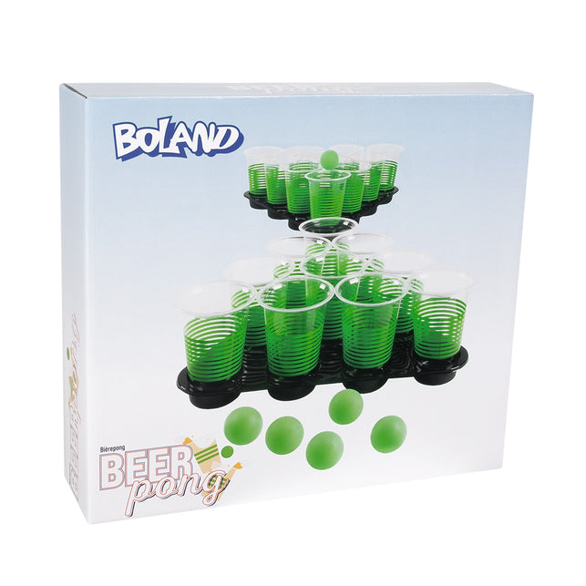 Beer pong set deluxe met groene bekers in piramide op zwarte dienbladen en lichtgroene balletjes