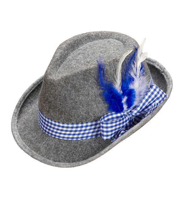 Beierse fedora met blauwe veren, grijze hoed met blauw-wit geruite band en strik