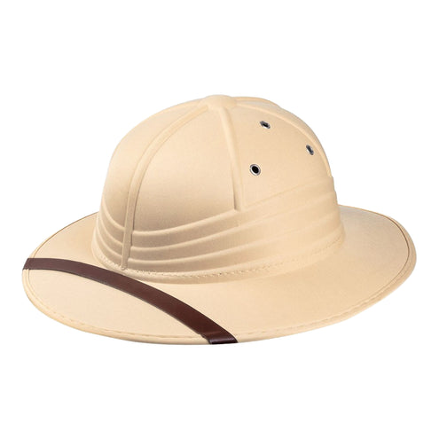 Beige tropenhelm van polyester met donkerbruin bandje, metalen ventilatieringetjes en brede rand