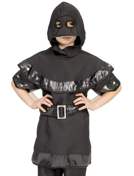 Beul kostuum kind in zwart met kap met kijkgaten, cape met studs en riem met gesp voor Halloween