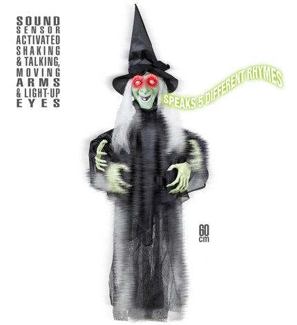 Bewegende heks met geluid met rood oplichtende ogen en schuddende groene handen, halloweendecoratie