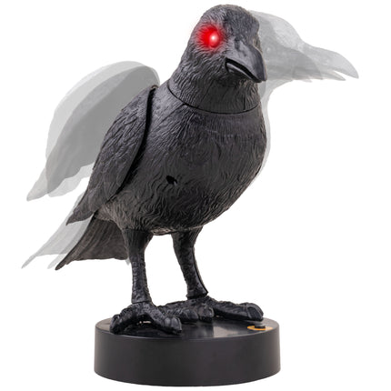 Bezeten kraai animatronic met rood oplichtend oog en bewegende vleugel