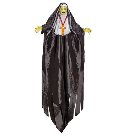 Bezeten non decoratie van 137 cm met zwart gewaad, wit kapje en oranje kruis voor Halloween