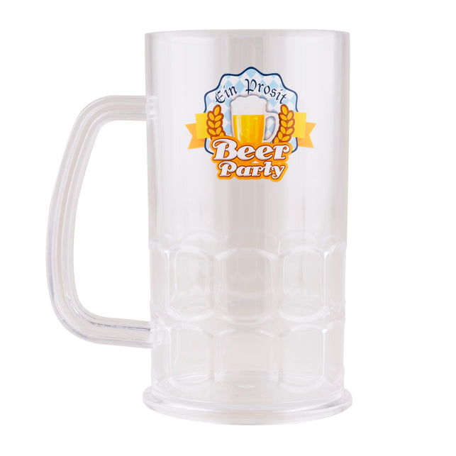 Bierpul 500 ml van transparant kunststof met Beiers Ein Prosit Beer Party-logo en breed oor