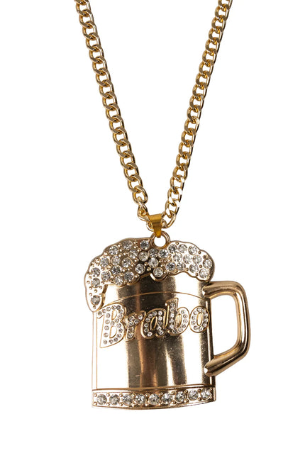 Bierpul ketting Brabo goud met schuimkraag van steentjes aan schakelketting voor een bierfeest