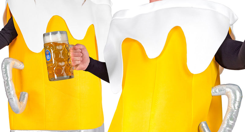 Bierpul kostuum in geel met witte schuimkraag, gedragen door dame en heer op Oktoberfest