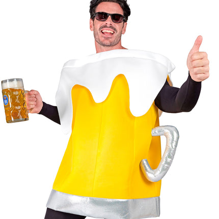 Bierpul kostuum met zilveren oor en zilveren onderrand, gedragen door heer op een bierfeest