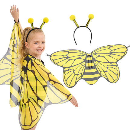 Bijenset Happy bee geel met gestreepte sprieten en doorschijnend vleugelpaar, gedragen door een meisje voor carnaval