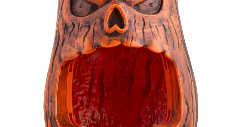 Bijtende pompoen snoepschaal 33 cm met open bek en rood binnenwerk als Halloween-decoratie