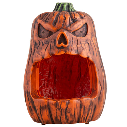Bijtende pompoen snoepschaal 33 cm met open bek en rood binnenwerk als Halloween-decoratie