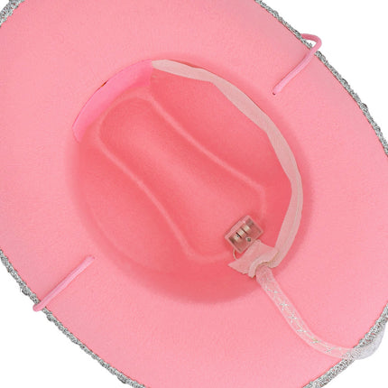 Binnenkant van de LED cowboyhoed Glimmer roze met batterijkastje achter de hoofdband