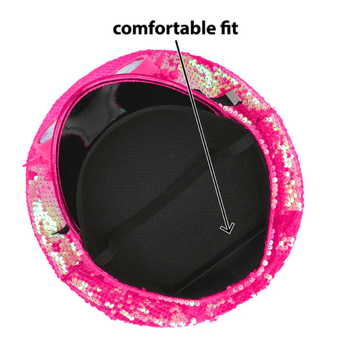 Binnenkant van de neonroze pailletten pet met zwarte voering en elastische binnenband
