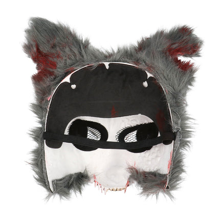 Binnenkant van het pluchen weerwolfmasker met zwarte voering, gaas in de ooggaten en hoofdband