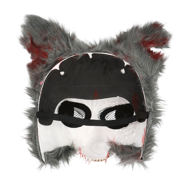 Binnenkant van het pluchen weerwolfmasker met zwarte voering, gaas in de ooggaten en hoofdband