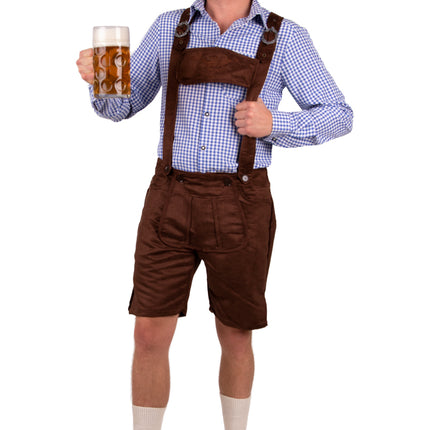 Blauw-wit geruit tirolerhemd voor heren, compleet gedragen op een Beiers themafeest